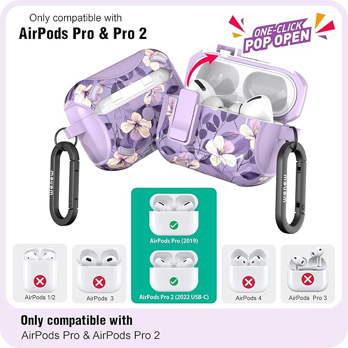 Wenew Case for AirPods Pro & Pro 2 Case Cover with Lock, Phone Stand, Cleaning Tool, Clip, Women Full Body Hard Shell, Compatible with Magsafe, One-Click Pop Open Lock (Purple 2, AirPods Pro & Pro 2)