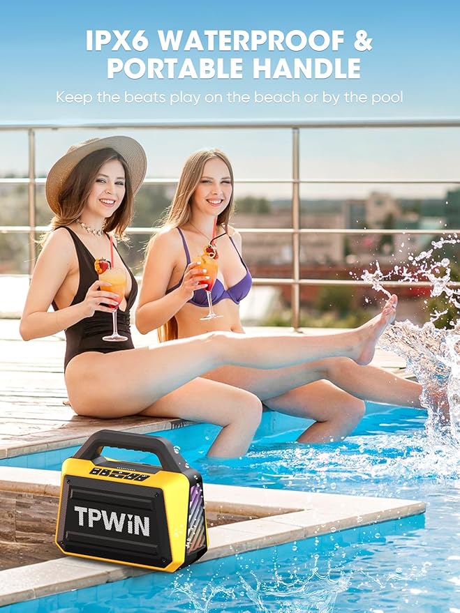 Portable Bluetooth Speakers - Wireless Jobsite Speaker 80W Peak, TWS, Light Shows, Loud Speaker with Deep Bass, BT 5.3, IPX6 Waterproof, 20H Playtime for Outdoor Beach Camping Garage - Yellow