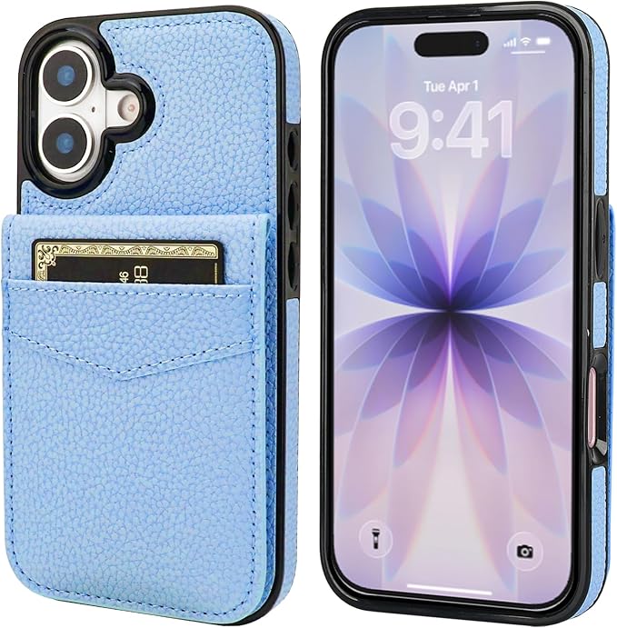 KIHUWEY Compatible with iPhone 17 Case Wallet with Credit Card Holder, Flip Premium Leather Magnetic Clasp Kickstand Heavy Duty Protective Cover for iPhone 17 6.3 Inch (Lichee Light Blue)