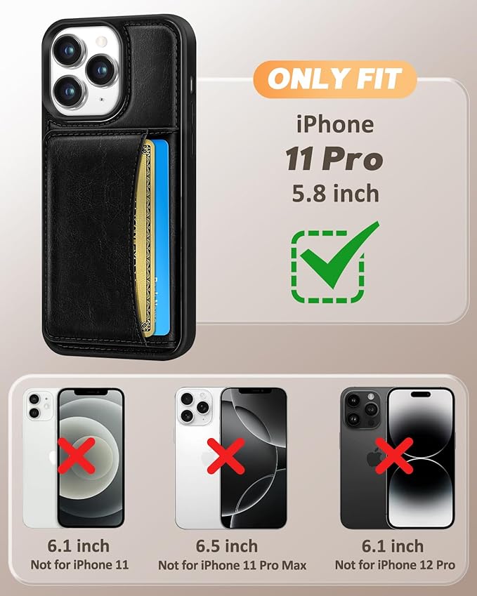 for iPhone 11 Pro Case with Wallet - Fits 4 Card Slots, Compatible with MagSafe for Women Men Durable PU Leather Credit Card Holder Kickstand Phone Cover for Apple 11 Pro, Black