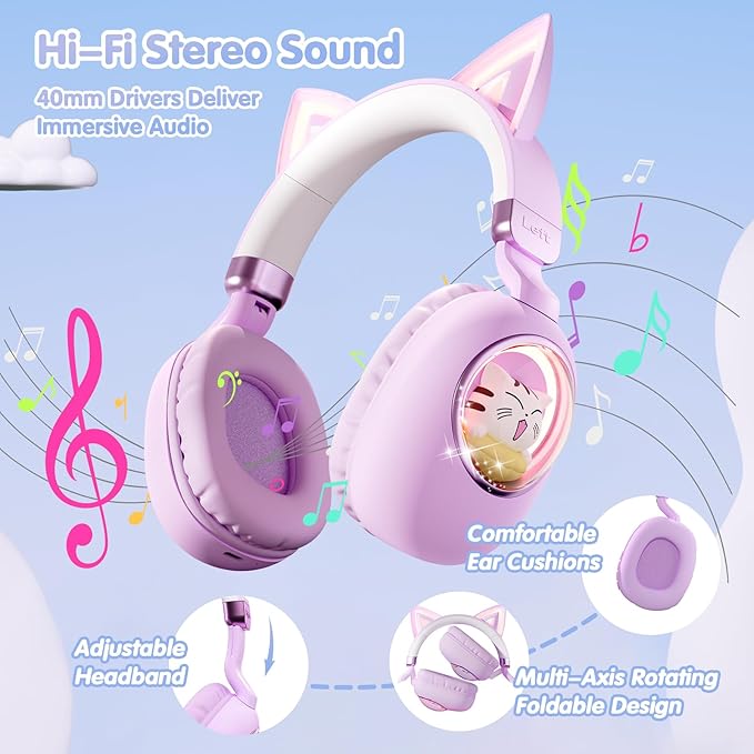 esonstyle Cat Ear Headphones for Kids - Bluetooth 5.4 On-Ear Noise Cancelling Headphones with Microphone 85dB Safe Volume Limit Wireless or 3.5mm Wired Mode USB C for School Learning Travel (Purple)