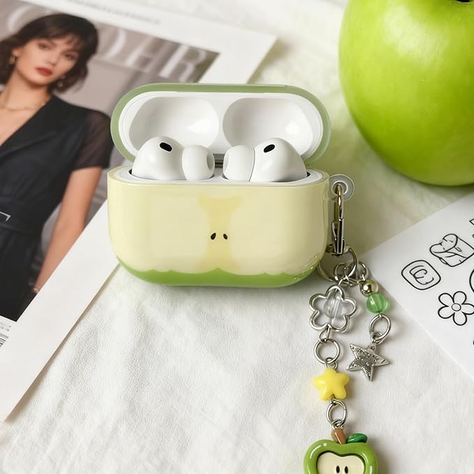 for AirPods Pro 3 Case 2025 - Cute 3D Green Apple Design with Apple Pendant Keychain,Soft Shockproof Silicone Cover, for Girls Women