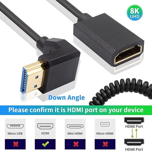 Duttek 8K HDMI Extender Coiled Cable, 4FT/1.2M 90 Degree HDMI Extension with 8K 60Hz Video and 3D HDR for TV, HDTV, Laptop, PC