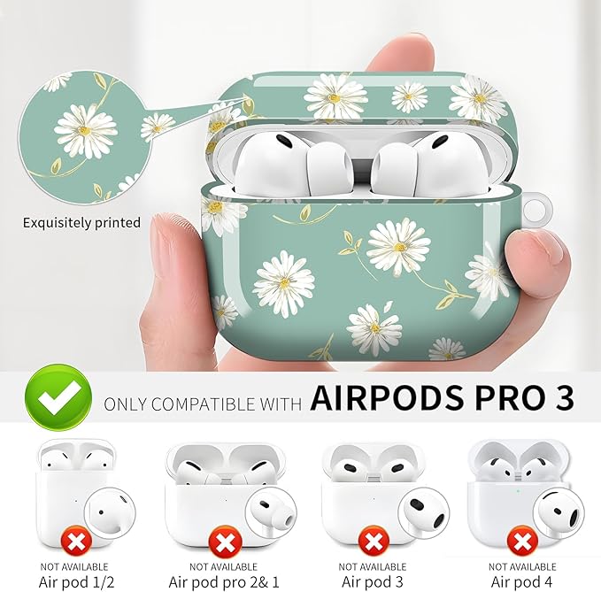 Compatible with AirPod Pro 3 (2025),Cute Case Cover for Women & Men, Full Protection Shockproof Hard Case with Keychain, Wireless Charging Case Accessories(White Daisy)