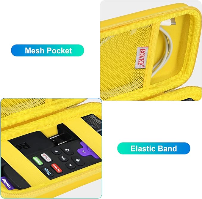 BOVKE Hard Case for Roku Voice Remote Controller, Roku Streaming Stick+ / 4K, Roku Remote Case for Roku TV Steaming Stick 3820R/ 3821R/3941R, Extra Mesh Pocket for Adapters, Cables, Yellow