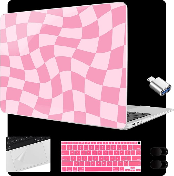 MEEgoodo for MacBook Air 13.3 inch Case 2021 2020 2019 2018 A2337 M1 A2179 A1932, Laptop Shell for MacBook Air M1 with Keyboard Webcam Cover & Trackpad Film & Type C Adapter,Romantic Pink Square