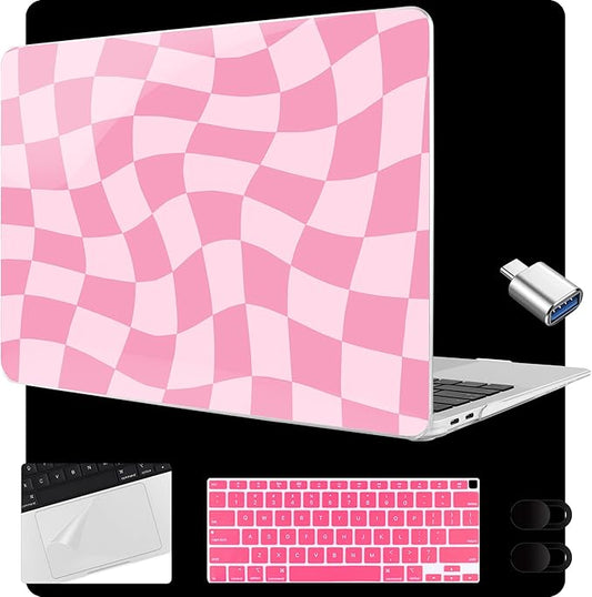 MEEgoodo for MacBook Air 13.3 inch Case 2021 2020 2019 2018 A2337 M1 A2179 A1932, Laptop Shell for MacBook Air M1 with Keyboard Webcam Cover & Trackpad Film & Type C Adapter,Romantic Pink Square