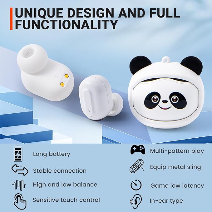 Kids Wireless Earbuds with Rotating Chaging Case Wireless Bluetooth Earbuds for Kids, Kid Ear Buds with Mic, 88dB Safe Volume, Earphones Earpods in-Ear for Android iOS Cell Phone Laptop, Panda