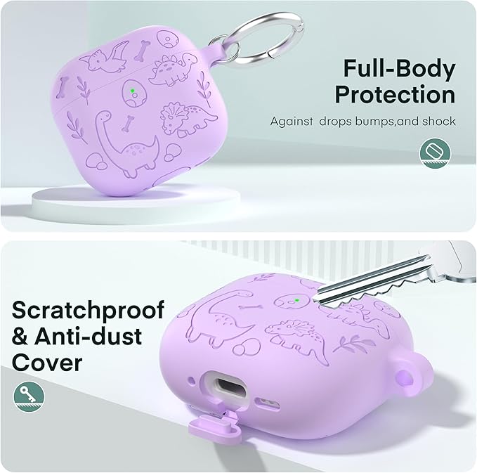 Maxjoy for AirPods 4 Case, Engraved Silicone Cute AirPod 4 Case for Women Men Protective iPod 4 Cover with Keychain Cleaning Kit for AirPod 4th Generation Cover 2024, Dinosaur Purple