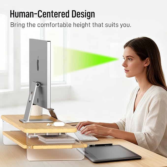 Monitor Stand Riser, Bamboo & Acrylic 2 Tier Computer Monitor Stand with LED Light, 31.5 inch Large Desktop Organizer for Desk, Stand for Computer, Laptop, Printer, PC & TV Screen Riser