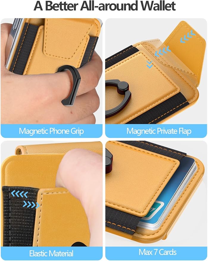 For Magsafe Wallet with Grip, 6-Card Holder, Stronger Magnetic Card Wallet Holder for iPhone 17/16/15, iPhone 14/13/12 Series, Leather Magnetic Phone Wallet with Privacy Flap, RFID Blocking, Yellow