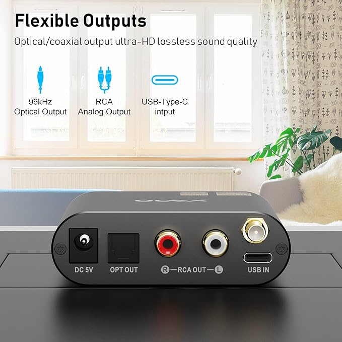YMOO DAC Bluetooth 5.1 Receiver, LDAC aptX 30ms Low Latency, Optical Coax RCA 3.5mm Jack Hi-Res Input, Lossless Wireless Audio Adapter for Subwoofer, Soundbar, Speaker from Phone/Tablet/PC/TV