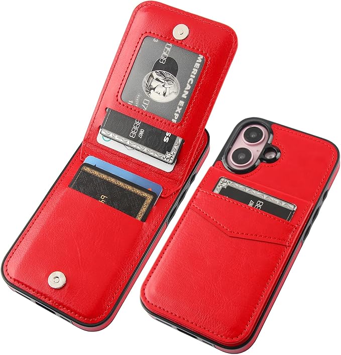 KIHUWEY Compatible with iPhone 16 Case Wallet with Credit Card Holder, Flip Premium Leather Magnetic Clasp Kickstand Heavy Duty Protective Cover for iPhone 16 6.1 Inch (Red)