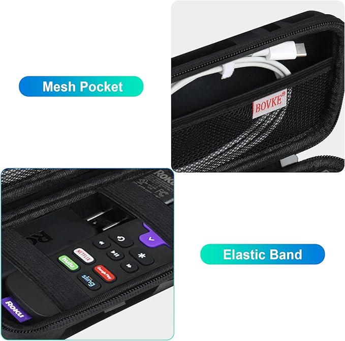 BOVKE Hard Case for Roku Voice Remote Controller, Streaming Stick+ / 4K, TV Remote Case for Steaming Stick 3820R/ 3821R/3941R, Extra Mesh Pocket for Adapters, Cables, Black Cube