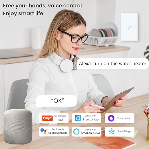 WiFi Smart Wall Light Switch, 3 Way Multi-Control, 2.4GHz Wi-Fi Touch Switch, Neutral Wire Required, Adapt with Smart Life/Tuya App, Compatible with Alexa and Google Home, White 1 Gang 20A
