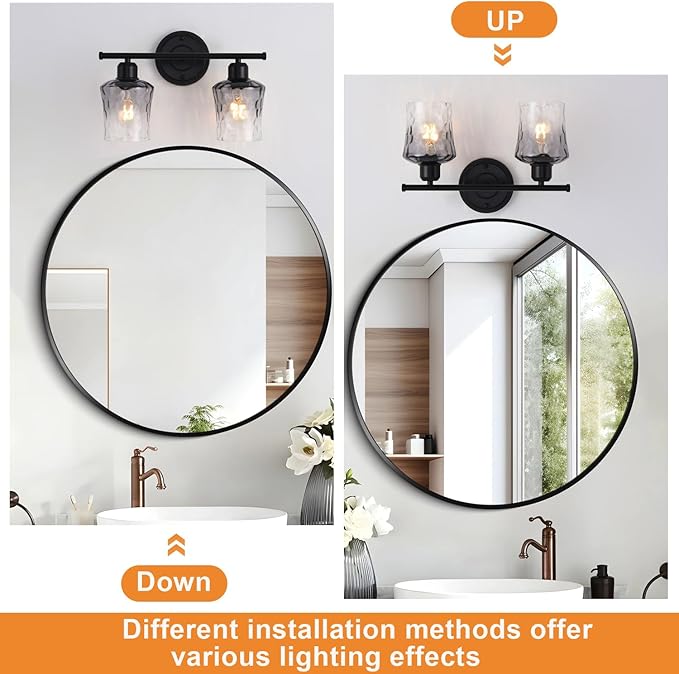 Modern 2-Light Bathroom Vanity Light Fixtures, Black Bathroom Lights Over Mirror with Grey Glass Shade, E26 Glass Wall Sconce for Kitchen, Bedroom, Hallway, Living Room