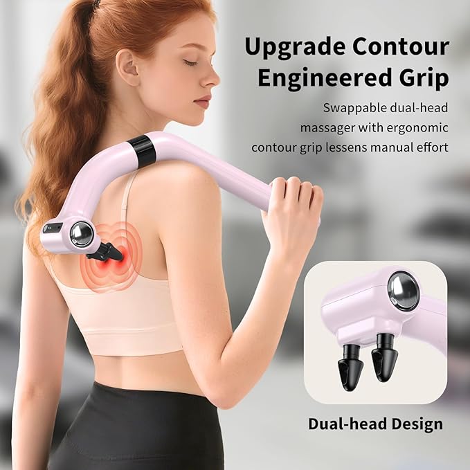 Dual-Head Massage Gun Deep Tissue with Extension Handle, 3-in-1 Detachable Handheld Percussion Back Massager for Muscle Neck Shoulder Body Pain Relief - 6 Speeds Levels (Glossy Pink)
