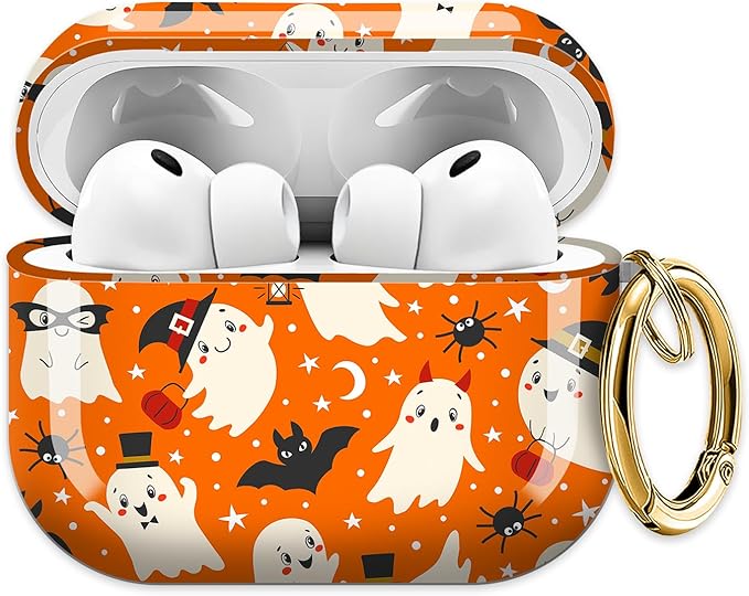 Cute Hard Case Compatible with AirPods Pro 3rd Generation Case (2025), Shockproof Protective Cover with Golden Keychain Ring Clip (Cute Ghosts Bats)