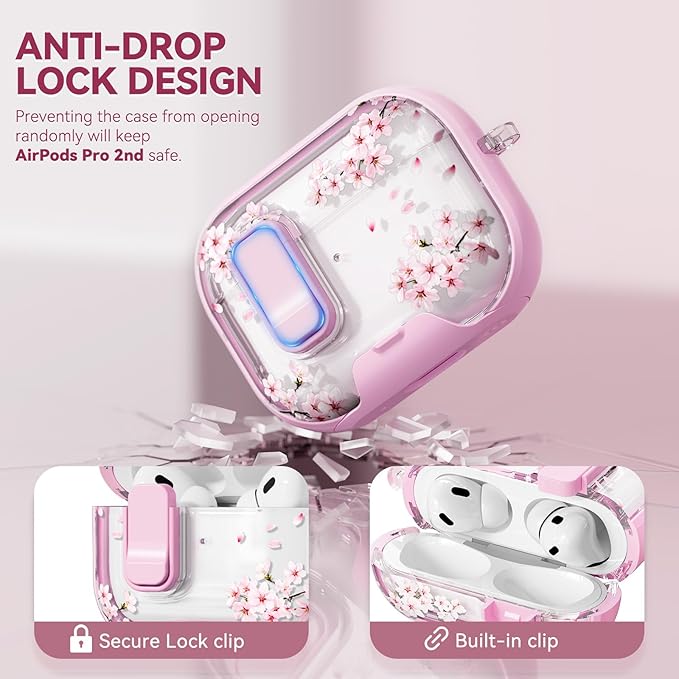 with Safety Lock for AirPods Pro 2nd 1st Generation Case Cover,Clear Floral Cute AirPods Pro 2 Case with Phone Stand & Cleaning Kit for AirPod Pro Case for Women Girly-Blossom