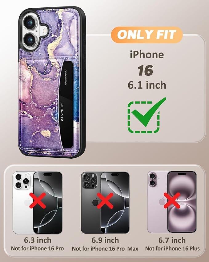 for iPhone 16 Wallet Case - Fits 4 Card Slots, Compatible with MagSafe for Women Aesthetic Durable PU Leather Credit Card Holder Kickstand Phone Cover for Apple 16, Purple Marble