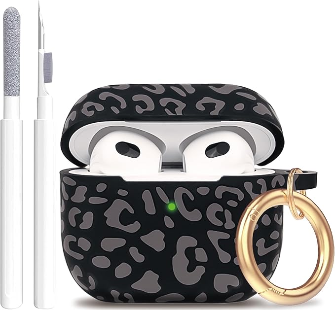 Leopard Silicone Compatible with AirPods 3 Case 2021, Gawnock Soft Case Flexible Compatible with AirPods 3rd Generation Print Cover for Women Girls with Keychain (Grey Leopard)