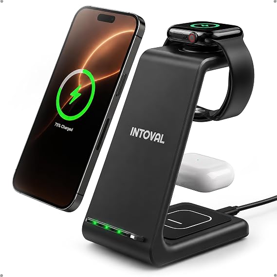 Intoval 3 in 1 Wireless Charging Station for iPhone and Apple Watch,Fast Wireless Charger Stand,Compact Desk Charging Dock for iPhone17 16 15 14 13/Pro/Max, iWatch11 10 9 Ultra/SE 3/3,AirPods