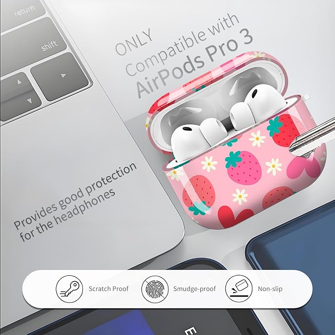 AirPod Pro 3 (2025) Case Cover for Women, Cute Shockproof TPU Protective Case with Gold Round Buckle, Anti-Drop Design Cute Strawberry