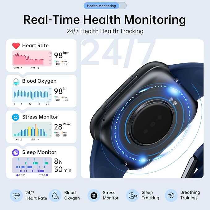 Smart Watches for Men Women, 1.85" HD AMOLED Display, 2 Bands Included, Works with iPhone & Android, 12-Day Battery, 3ATM Waterproof, Bluetooth Call, Health & Fitness Tracker, Dark-Blue