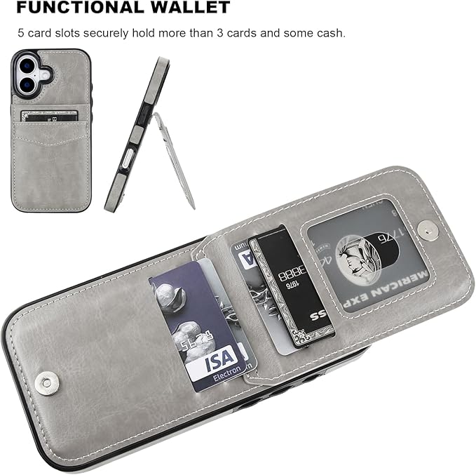 KIHUWEY Compatible with iPhone 17 Case Wallet with Credit Card Holder, Flip Premium Leather Magnetic Clasp Kickstand Heavy Duty Protective Cover for iPhone 17 6.3 Inch (Gray)