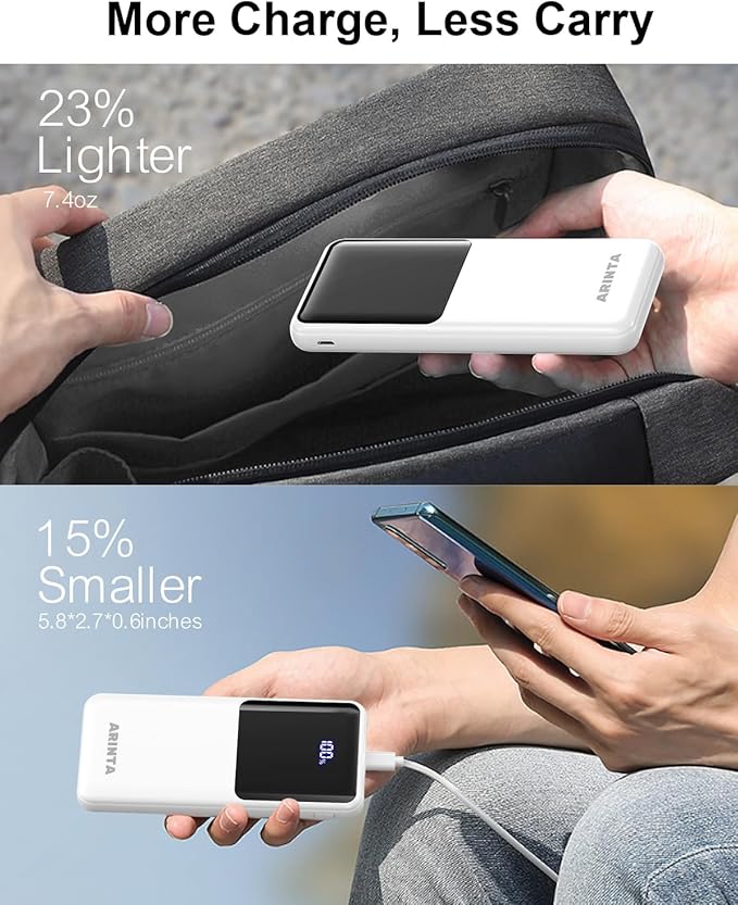 Power Bank Portable Charger 10000mAh PD 22.5W, Slim Battery Pack with LED Display & USB-C Input/Output, Compatible for Smartphones, Tablets,Travel Essentials. (White)