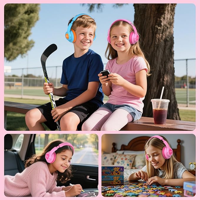 VibeTune Kids Bluetooth Headphones, 60H Playtime, Volume Limited 85/94dB, Bluetooth 5.4, Type-C Fast Charging, Foldable Wireless Headphones for Kids, Toddler Headsets with HD Mic-Pink