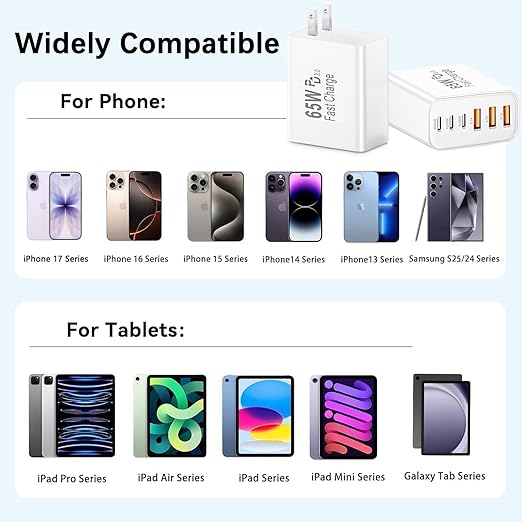 65W USB C Charger Block,2Pack Type C Charger Fast Charging Block, 6 Port GaN PD&QC Wall Plug 6in1 Multiport Power Adapter for iPhone 17 Pro Max/16e/15/14/13/12/11/SE/X/XS/XR,iPad Pro/Air,Galaxy