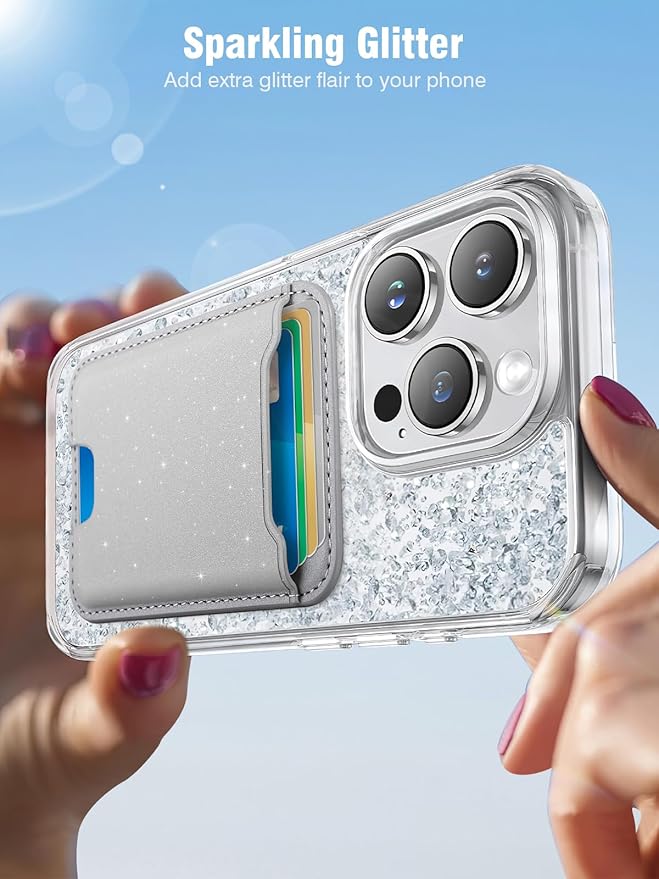 TopMade for Magsafe Wallet, Sparkle Magnetic Card Holder for iPhone 17, iPhone 16/15/14/13/12 Series, Leather Magnetic Phone Wallet with Powerful Magnet, RFID Blocking, Fit 4 Cards, Glitter Gray