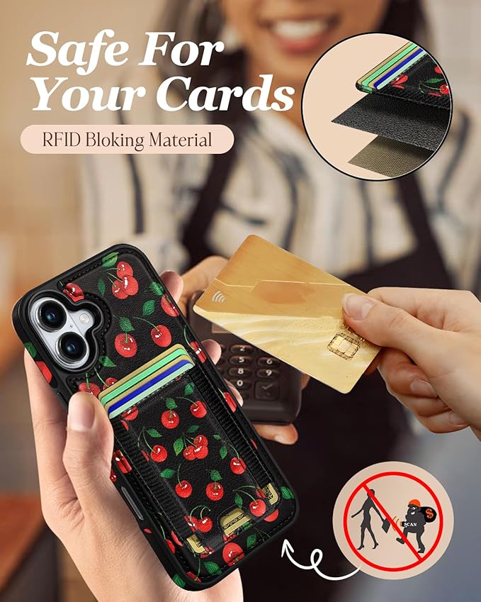 Shorogyt for iPhone 16 Wallet Case - Fits 5 Cards, Compatible with Magsafe Detachable Magnetic Credit Card Holder Leather Cardholder Cute Phone Cover Women Girls for Apple 16, Cherry