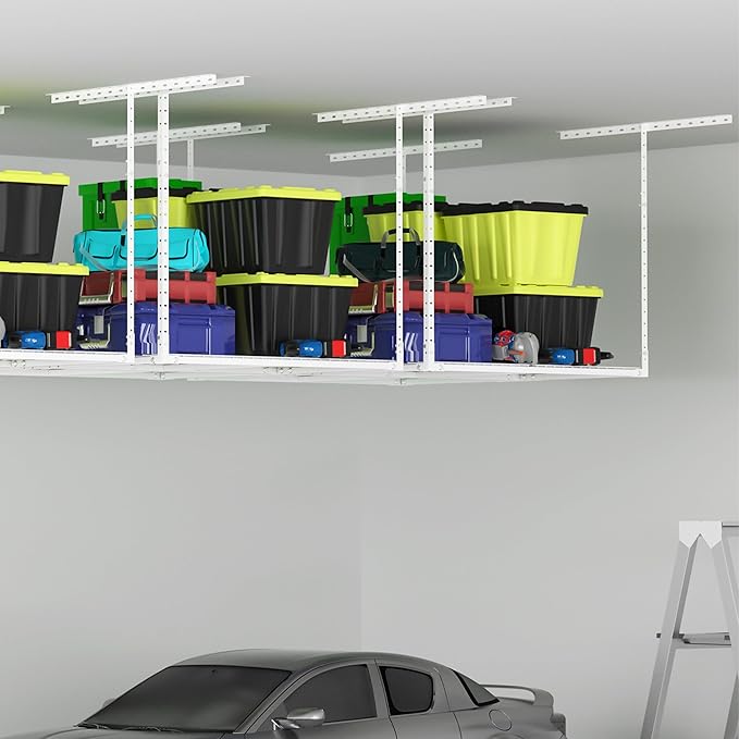 3 x 4FT Overhead Garage Storage Rack,Adjustable Ceiling Storage Racks,Garage Shelving Heavy Duty Storage Organizer System,Load 400LBS Weight(White)
