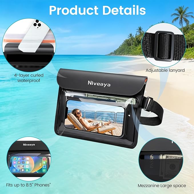 Niveaya IPX8 Waterproof Fanny Pack, Waterproof Pouch Dry Bag for Beach, Kayaking, Swimming, Boat Travel Cruise Essentials, Waterproof Phone Bag Passport Holder for Women Men(2 Pack)