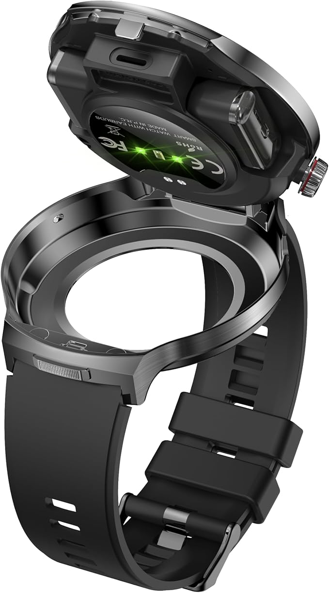 Smart Watch with Bluetooth Earbuds, 1.85-Inch Round HD Screen, Military Style, IP67 Waterproof, 100+ Sports Modes, Heart Rate Monitor, Sleep Tracker, Music Control