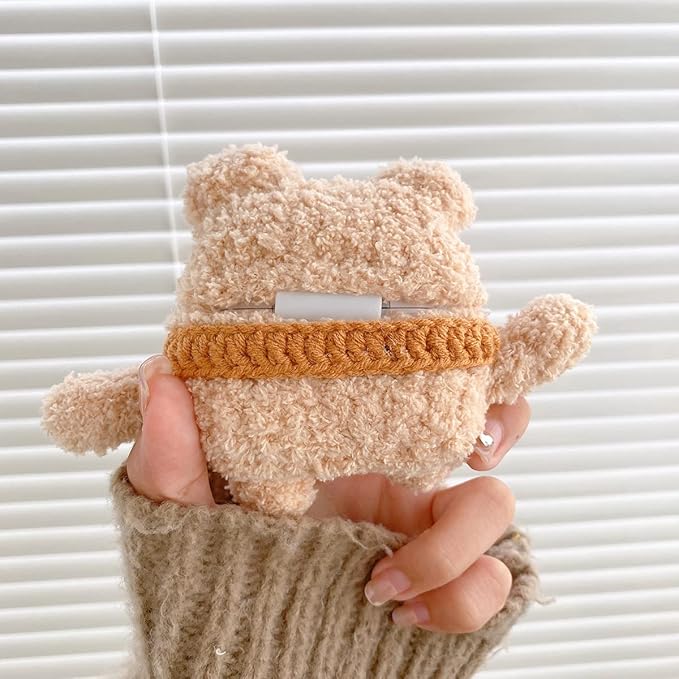 Yatchen Plush Bear Case for AirPods 3,Kawaii Cute 3D Cartoon Fur Bear with Scarf Funny Furry for AirPods 3rd Generation Cover with Keychain Protective Case Women Girls