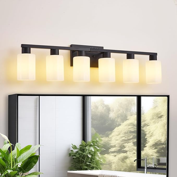 Black 6 Light Bathroom Vanity Light, Matte Black Vanity Lighting for Mirror, Rustic Bathroom Light Fixtures with Milky White Frosted Glass, Vanity Lights E26 Base Compatible