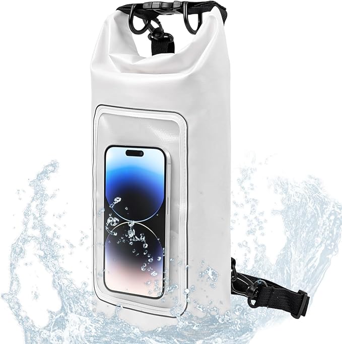 Waterproof Dry Bag 2L, IPX8 Roll Top Waterproof Belt Bag with Clear Phone Window, Phone Pouch Water Protector, Boat & Kayak Accessories, Essentials for Cruise Camp Swim Beach Fish Travel (White)