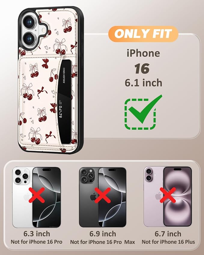 for iPhone 16 Wallet Case - Fits 4 Card Slots, Compatible with MagSafe for Women Aesthetic Durable PU Leather Credit Card Holder Kickstand Phone Cover for Apple 16, Bow Cherry