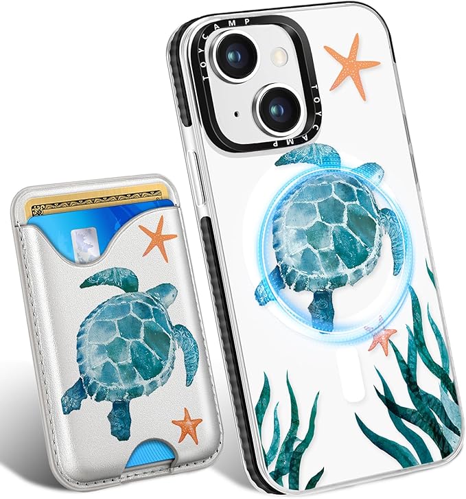 Toycamp for iPhone 14 Case, for iPhone 13 Case - Compatible with Magsafe Credit Card Holder Wallet Magnetic Cute Women Teen Girls Kawaii Girly Unique Turtles Design Phone Cover for iPhone 14/13