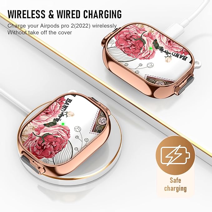 Maxjoy for Cute Airpods Pro 2 case with Safety Lock,Compatible Airpods Pro Case 2nd/1st Gen,Compatible Red Rose AirPods Case Cover for Women Girly with Keychain-Transparent