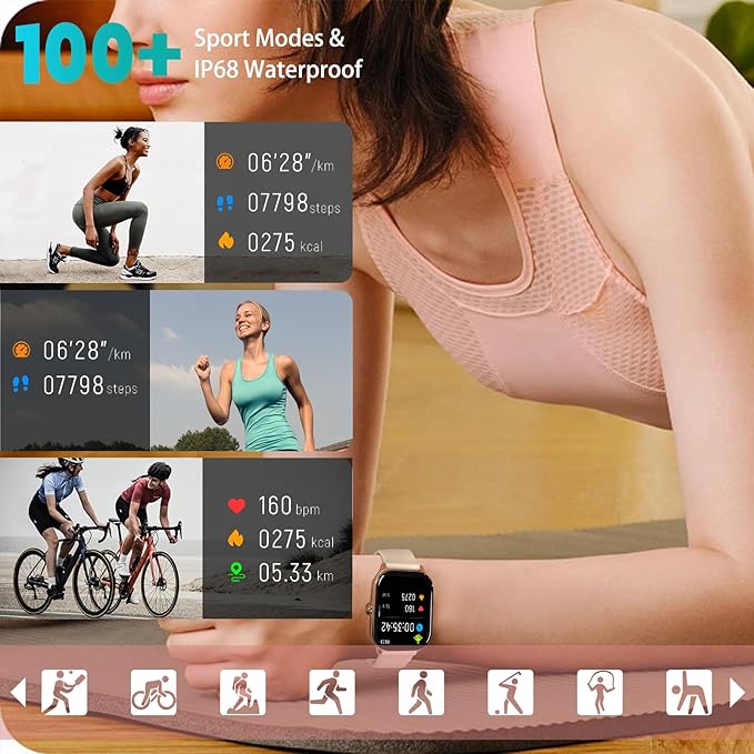 Smart Watch for Women Men(Answer/Make Call), Smartwatches with Heart Rate/SpO2/Sleep/Stress Monitor, IP68 Waterproof Activity Tracker for Android iPhone, 100+ Sports Fitness Watches (Pink, 1.85")