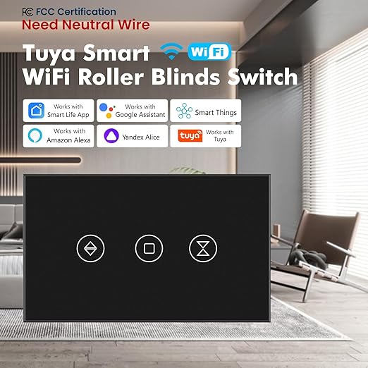 Smart Roller Shutter Switch Neutral Wire Required,2.4GHz WiFi Roller Shutter Switch with Remote Voice Control, Tempered Glass Panel, Work with Alexa and Google Home, Black WiFi-Roller Shutter