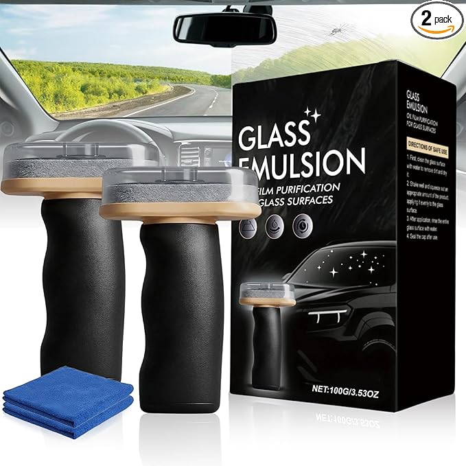 2Pcs Handheld Glass Oil-Film Remover, Upgrade Emulsion Cleaner Glass Cleaning Board, Automotive Glass Cleaner Oil Film Cleaning Brush for Car Windshields(Emulsion+Brush Board)