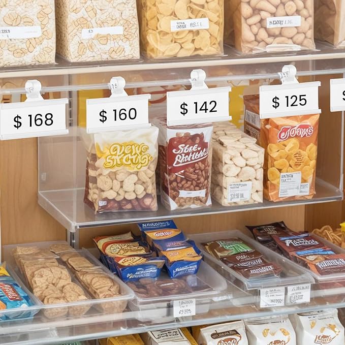 100 Pcs Reusable Plastic Wire Shelf Label Holder, for Pantry Retail Shopping Mall Store, Supermarket UPC Price Card & Ticket Display, Strong & Easy Clip Design Tight Snap Lock Closure. 1-1/4" H X 3" W
