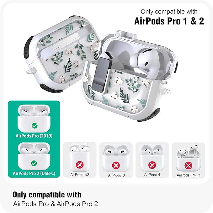 WENEW Case for AirPods Pro & Pro 2 Case Cover Secure Lock Automatic Snap Switch Clip Cleaner Kit Lanyard Women Stylish Leaf Full Body Hard Shell Front LED Visible (Green Leaves, AirPods Pro & Pro 2)