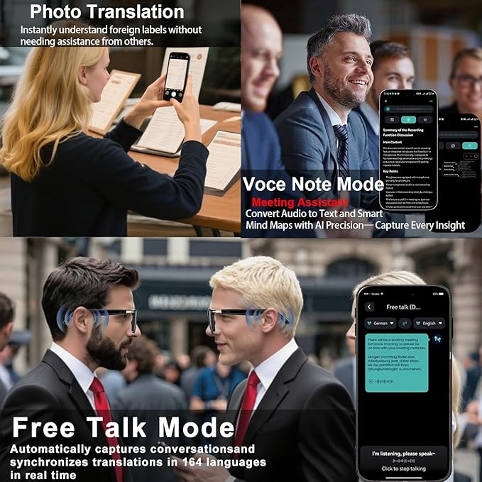 Ai Smart Glasses with Chat GPT, Bluetooth Glasses for Men Women with 160+ Language & Accents, Translation Glasses Color-Change Lens, Smart Eyewear for Gaming Meeting Travel Trade Business, (Black)