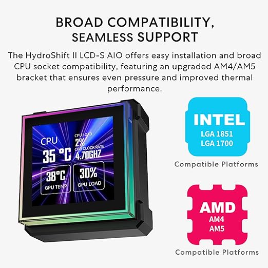 Lian Li Hydroshift II-S LCD 360TL ARGB Liquid CPU Cooler - 360mm AIO - 3.4" IPS LCD Square Screen - Daisy-Chain - Low-Noise - Intel LGA 1851/1700, AMD AM5/AM4-3X TL120 ARGB Fan - Black (HS2LCDS36TB)
